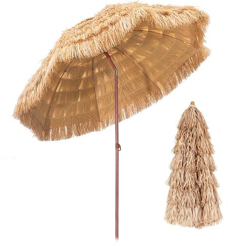 Parasol Tiki Hawaii avec inclinable, parasol rond en paille d'extérieur de 160 cm, parasol de plage tropical portable de 200 cm avec sac de transport(Size:160cm/5.2ft)