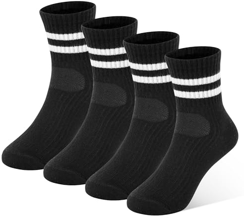 ZERULETS Calcetines deportivos para niños, calcetines de tenis para niños, niñas, negros, blancos, elásticos, de algodón, 4 pares para 1-12 años, Negro , 31-38
