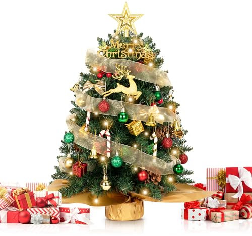2FT Mini Christmas Tree, Small Christmas Tree Prelit with Lights, Light Up Tabletop Christmas Trees for Desk and Room