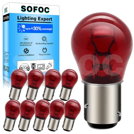 SOFOC PR21/5W Auto Brems- & Rücklicht Rot 12V 21/5W BAW15D 150°-Offset Versetzter Stift Doppelkontakt/-Glühfaden S25 Birne Plug and Play 10Stk