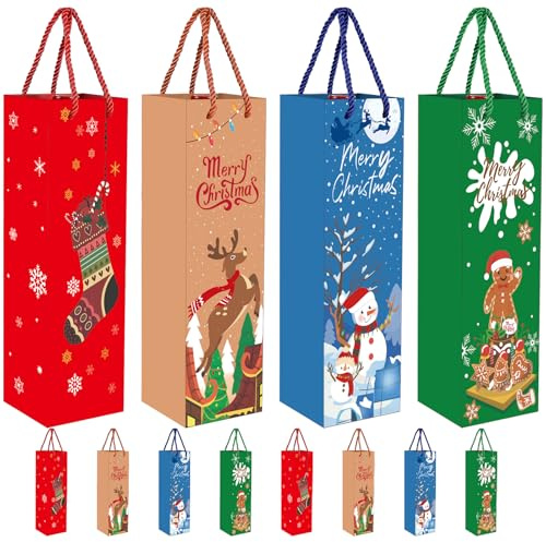 MORAINJAY 12 Stück Weihnachts Flaschen Geschenkbeutel, Kraftpapier Wein Champagner Flaschenbeutel mit Griffen, Xmas Wein Tragetaschen für Geschenke, Geschenkverpackung für Feiertagsfeiern