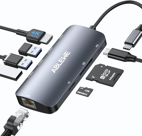 ABLEWE USB C Hub Ethernet, 8-in-1 4K@60Hz USB-C to HDMI Dock, Multiport Adapter Docking Station USBC Hub, 1000Mbps 100W PD, 3 USB 3.0 Ports, SD/TF, Type C Dongle for MacBook, Pro, Laptop, Tablet