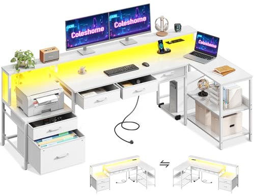 Coleshome Schreibtisch L Form mit Schubladen, 195x100cm Gaming Tisch mit Steckdose, LED & Monitorständer, Reversibler Eckschreibtisch mit Stauraum, Computertisch mit Regal für Büro, Weiß