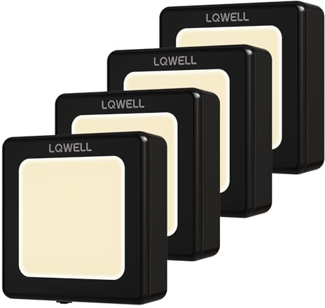 LQWELL® Nattljussockel Vikbar med Skymningssensor, Nattlampa Justerbar Ljusstyrka, Automatiskt Uttagsljus, Orienteringsljus Varmvitt för Barnrum Halltrappa (Svart, 4 Stycken)