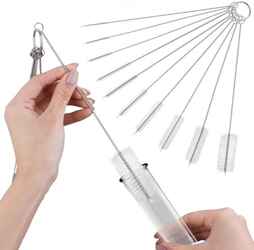 Spazzolino per Bottiglie, 10Pcs Spazzola di Pulizia Set Multiuso Spazzola Bottiglia per Pipa, Tastiera, Provetta, Bocca di Bollitore, Lavandino, Bottigliette, Macchina Caffè ECC (Bianca)
