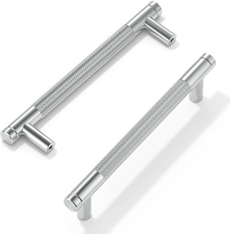 FURNIWARE Set med 10 borstad satin nickel tandade skåpshandtag, 128 mm (5 tum) hålcentrum, T-formade silver köksskåpdrag för lådskåp, skåp, garderob