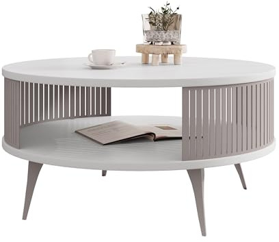 Mirjan24 Couchtisch Rajkon, runde Form (Arktisches Weiß/Cashmere) | Moderner Wohnzimmertisch mit praktischer Ablage, stabilem Stahlgestell und pflegeleichter Oberfläche