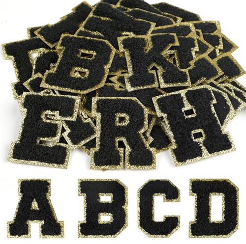 CHRORINE 26/52/104 Stück Selbstklebende Chenille Buchstabenflicken A-Z, Kann auch Nähen oder Bügeln, Bestickte Alphabet Patch Aufkleber für DIY Kleidung, Taschen, Hüte (26, Schwarz, Höhe 2,16″)