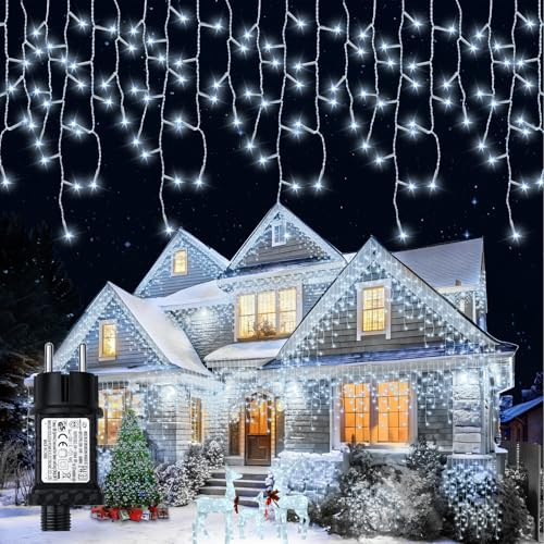 Tenda Luminosa Esterno 6,4+5M Luci Natale Esterno 200LED Decorazioni Casa Luci di Natale da Esterno Cascata 8 Modalità IP65 Impermeabile Luci Stalattiti per Balcone Tetto Giardino - Bianco Freddo