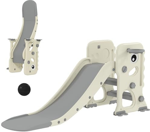 AIYAPLAY Scivolo per Bambini Pieghevole con Canestro e Palla da Basket, Scivolo per Bimbi in Plastica PP e HDPE, 146x52x65 cm, Grigio e Crema