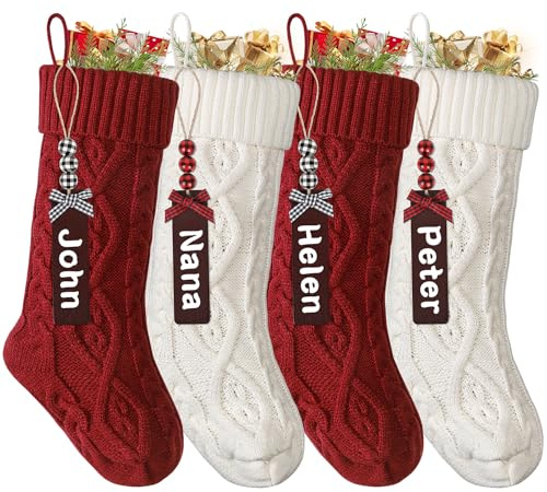 SOMYTING Weihnachtsstrumpf Personalisiert Gestrickte Strümpfe 18” Großer gestrickter Nikolausstrumpf mit Namensschildern Xmas Strümpfe für Party Weihnachten Deko (2 Rot + 2 Weiß)