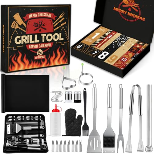 BBQ Grill Tool Advent Calendar 2025 Men, 24 Day Countdown Christmas Calendar with Stainless-Steel Grilling Accessories Christmas Grilling Gifts for Dad Husband Son