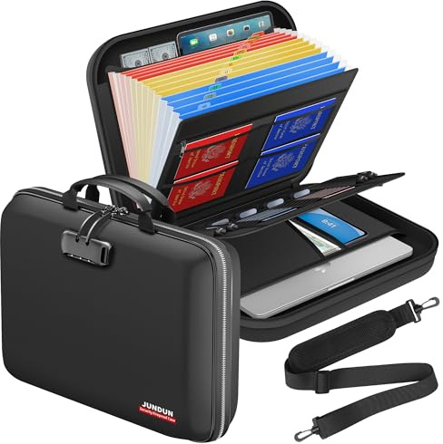 JUNDUN Feuerfeste Dokumentenbox mit Schloss & Trageriemen, Hartschalen-Aktentasche mit 13 Fächern, Aktenordner, Tragbarer Safe für Dokumente, Laptop für Home Office & Reise