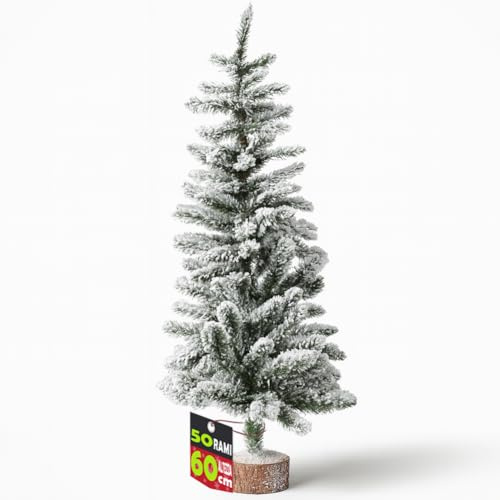 BAKAJI Albero di Natale Innevato 50 Rami Apertura Ombrello, Base Legno Tronco Effetto Realistico, Alberello Bianco Decorazione Natalizia, Addobbo Natalizio Interni, Vetrine, Negozi, Ingresso (60 cm)