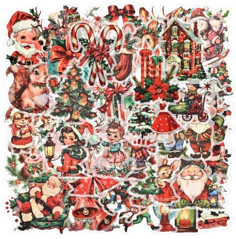 50er-Pack Weihnachtsaufkleber – Wasserfeste Aufkleber im Retro-Stil für Scrapbooks, Laptops und Weihnachtskarten