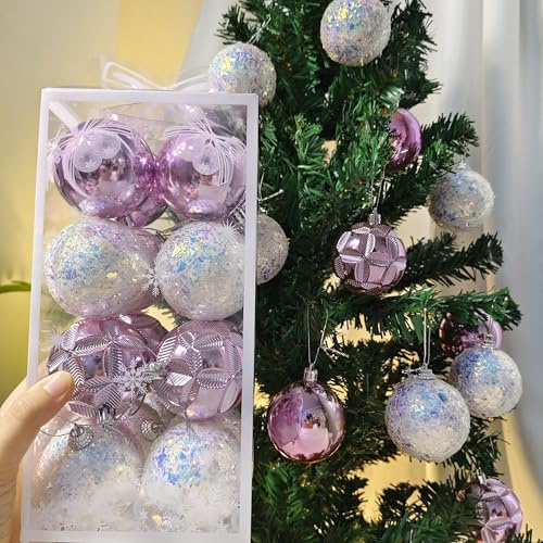 Juego de 16 bolas de Navidad para árbol de Navidad, 2.36 pulgadas, color rosa y blanco brillante, inastillables, adornos para Navidad, cumpleaños, fiestas de vacaciones, coronas y decoraciones de boda