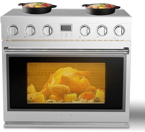 30 Inch Freestanding Electric Range Oven, 4.8 Cu.Ft Stainless Steel Stove with 4 Burners Smooth Glass Cooktop, 6 Cooking Modes, Built-In Timer, 14900W Professional Kitchen Appliance, Silver