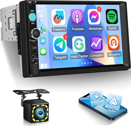 NHOPEEW 7-Zoll-Single-Din-Autoradio – 1-Din-Autoradio mit kabellosem CarPlay und Android Auto, FM-Lenkradsteuerung, USB/SD/AUX, Online-YouTube-Wiedergabe + Rückfahrkamera