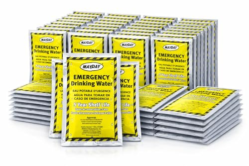 Mayday Pouch Water, Coast Guard Emergency Water, 5-Year Shelf LIfe, Disaster Preparedness Supplies for, Earthquake, Fire, Flood, Leak-Proof Pouches, 4.225 Oz/125Ml 50 Pack