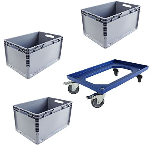 Schnellkarton EU Set 1 Transportroller mit 2 Bremsen und 3 Eurobehälter 60x40 cm Eurobox Stapelbox Lagerkiste