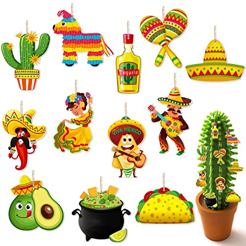 Blulu 24 Pieces Wooden Mexican Ornaments Christmas Tree Ornaments Taco Cinco De Mayo Hanging Decor Piñata Sign for Christmas Tree Feliz Navidad Xmas Fiesta Party Decorations Outdoor Indoor