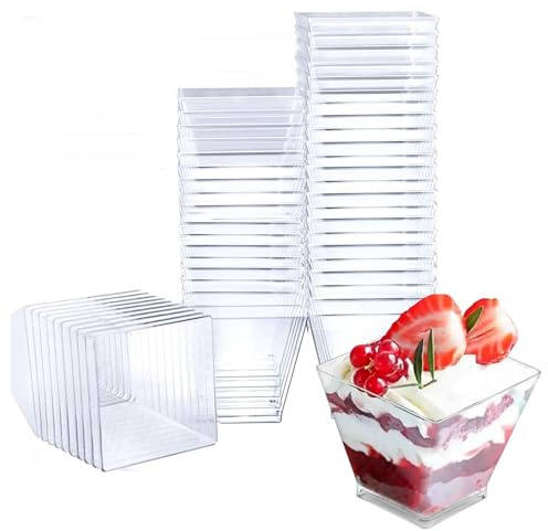 Wieat Mini Dessert Cups, 50 Pcs 2oz/60ml Reusable Plastic Dessert Cups, Trapezoid Clear Small Dessert Pots, Reusable Serving Bowl for Dessert Pudding Cheesecake Mousse Ice Cream Candy Party