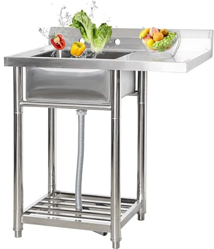 Fregadero de Cocina con Protector contra Salpicaduras Alto, Fregadero de Acero Inoxidable con Patas, Fregadero para Lavar a Mano para Garaje, Restaurante, Cocina al Aire Libre, un Solo tazón
