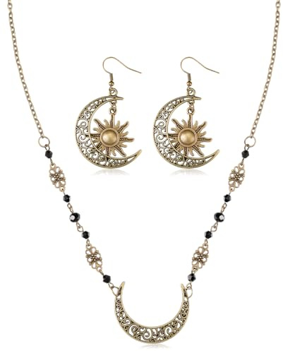 Otuuz 2 Stück Boho Halbmond Kopfkette Sonne und Mond Ohrringe Verstellbare Bronze Böhmische Haarketten Kopfbedeckung Vintage Mond Ohrhänger für Frauen Mädchen Reisen Retro Partyzubehör