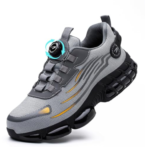 GemChve Scarpe Antinfortunistiche Uomo Donna Leggere Traspiranti Sneakers Antiscivolo Scarpe Sicurezza con Punta in Acciaio Regolazione Rapida dei Lacci Grey 41 EU