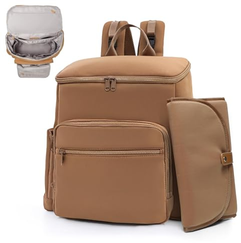 MISS FONG Changing Bag with Changing Pad Neoprene Nappy Backpack,Maternity Travel Baby Bag Stroller Straps,Insulated Pockets,Brown