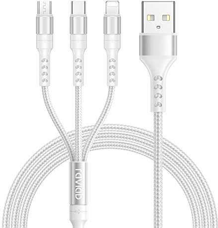 RAVIAD 3 en 1 Câble Multi USB, Multi Chargeur USB Câble en Nylon Tressé avec Micro USB Type C Lightning Connecteurs pour iPhone 16/15/14/13, Samsung Galaxy S24 S23 S22 S21, Huawei, Honor, Kindle - 2M