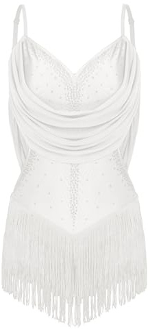 Fldy Vestido de baile latino para mujer, sin mangas, con flecos, con flecos, falda de salsa, samba, cha, salsa, cha, sala, baile, foxtrot, beige, S