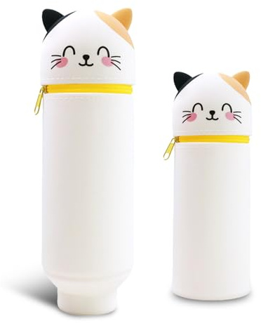 Zamety Silikon Federmäppchen, 2-in-1 Kawaii Federmäppchen, Weichem Katze Mäppchen, Stand Up Tiere Federmappe, Federtasche mit Reißverschluss, Stifthalter für Mädchen Junge Schule und Büro