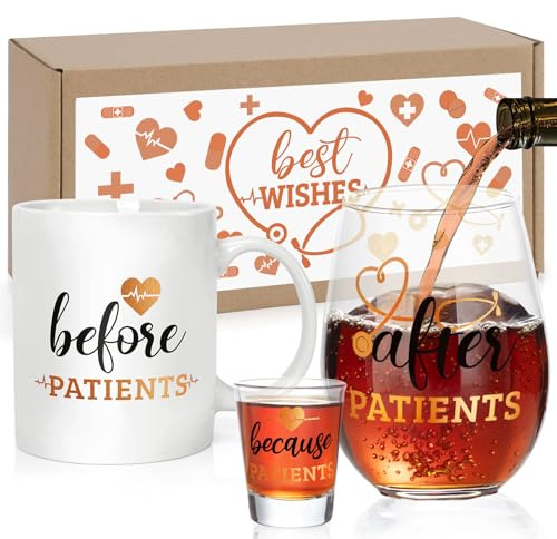 Rhdekoein Before Patients After Patients Set Nursing Gifts Coffee Mug Stemless Wine Glass 2 oz Shot Glass for Doctor's Day Pediatrician Physician Graduation Birthday Nurse Week Gifts
