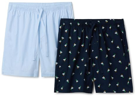 Amazon Essentials Pantalones Cortos de Pijama de Popelina Elástica y Algodón para Estar por Casa Hombre, Paquete de 2, Azul Claro/Patas, M