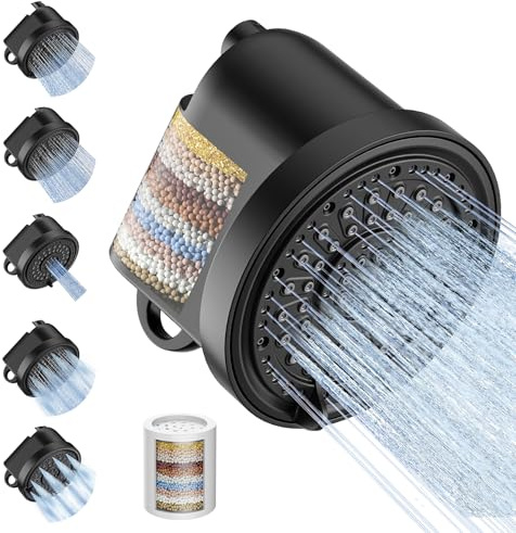 JITTGO Filtered Shower Head with 30 Stage Water Softener Filter, 6 Inch High Pressure Showerhead for Hard Water, 5 Spray Modes to Remove Chlorine & Heavy Metals, Easy Install Fixed Shower Head
