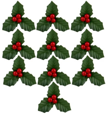 HDouii 10Pcs Christmas Holly Berries Faux Berry Flowers with Leaves Xmas Berry Picks Christmas Wreath Branches Vase Fillers, Artificial Flowers