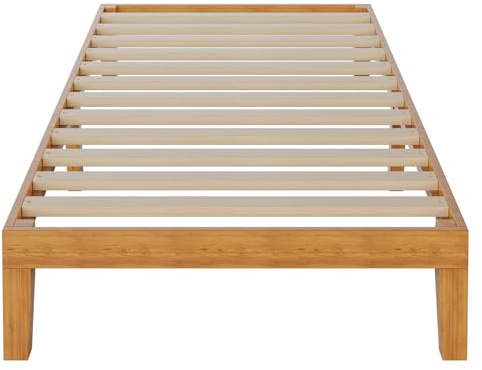 DUMOS Solid Wood Bed Frame, Twin Size Bed Base with Wood Slat Support, Sturdy, Stylish & Noise-Free Design, No Box Spring Needed, Easy Assembly, 12 in Natural Pine