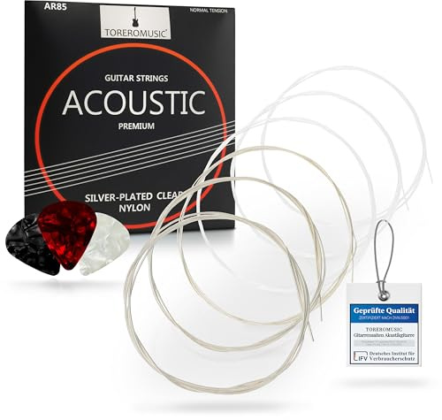 TOREROMUSIC® - Gitarrensaiten Konzertgitarre, Nylon und Silber, Premium Nylon-Saiten für Akustikgitarre und Klassische Gitarre, 6-Saiten-Set, Medium Saitenstärke, inkl. 3 Plektren