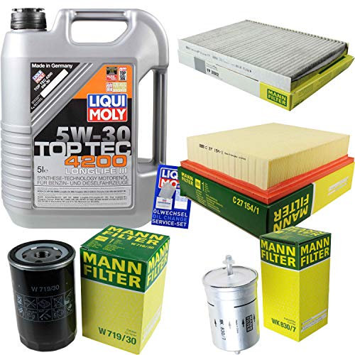 Filter Set Inspektionspaket 5 Liter Motoröl Top Tec 4200 5W-30 MANN-FILTER Innenraumfilter Kraftstofffilter Luftfilter Ölfilter