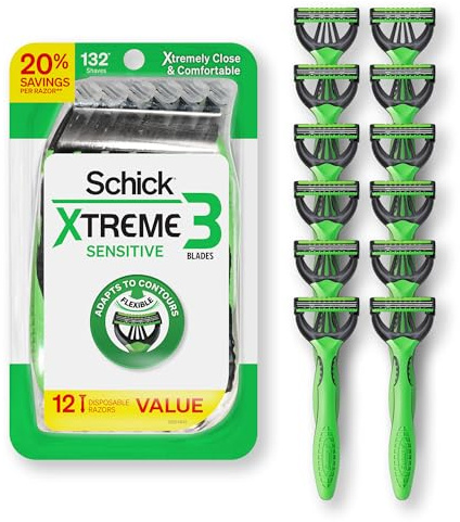 Schick Xtreme 3 - Maquinillas de afeitar desechables originales sensibles para hombres | Maquinillas de afeitar desechables para hombre para afeitar piel sensible, 12 unidades
