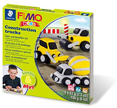 STAEDTLER Spiel- und Modellier-Set FIMO kids Construction trucks, besonders weiche Modelliermasse, spannende kindgerechte Projekte fördern die Feinmotorik und Kreativität, 8034 30 LY