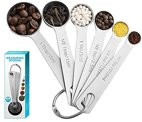 Lichi 6 cucharas medidoras de acero inoxidable, 1 8 cucharadita, 1 4 cucharadita, 1 2 cucharadita, 1 cucharada, 1 2 cucharada, 1 cucharada, 1 cucharada, ingredientes secos y líquidos, cuchara