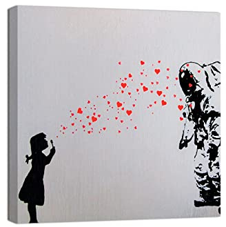 canvashop Quadri Moderni Banksy 50X50 Cm Stampe Su Tela | Quadro Da Parete Quadrati, Soggiorno, Bansky Girl Astronauta, Cuori Palloncini