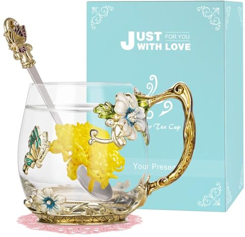 Wisolt Cadeau Fete des Meres Idee Cadeau Femme, Cadeau Maman, Cadeau Grand Mere, Cadeau Noel Femme, Cadeau Personnalisé,Tasse à Thé en Verre émaillé avec Cuillère et Tasse à Café