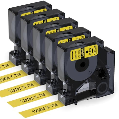 Aken 45018 Etikettenband Kompatibel mit Dymo D1 12mm x 7m Schwarz auf Gelb | Kompatibel mit Dymo LabelManager 160 280 210D 360D 420P 500TS PnP Schriftband