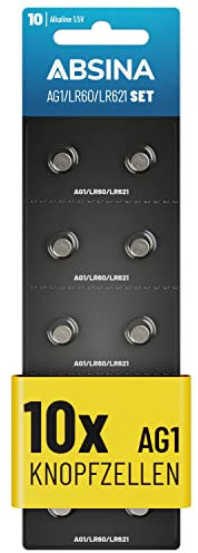 ABSINA AG1 LR621 Knopfzelle 10er Pack - 1,5V Alkaline Knopfzellen auslaufsicher & mit Langer Haltbarkeit - LR60 / SR60 / 1175S0 / 164/602 / 364 / V30 / SR621 - Knopfbatterien Batterien Batterie