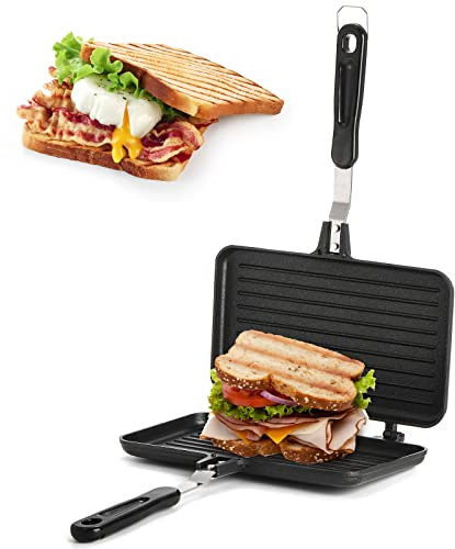 SOUJOY Sandwich Maker, Non-Stick Grill Panini Maker Pan with Handle, 24×34 cm Stovetop Toasted Aluminum Flip Pan Indoor Outdoor Camping Home Kitchen Breakfast