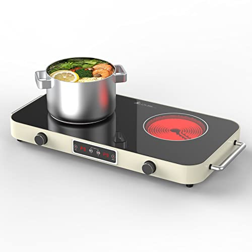 ANHANE 2200W Electric Cooktop 2 Burners: 12 Inch Portable Hot Plate Electric Stove Top - 110V/120V Double Burner Countertop with Timer, Knob Control, 9 Heating Levels, for All Cookware