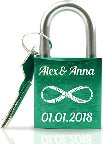 Geschenkfreude Liebesschloss mit Gravur und Schlüssel - Grün | einzigartiges Schloss mit Gravur, Jahrestag Geschenk für Sie, Pärchen Geschenke, Valentinstagsgeschenk